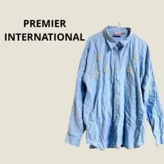 PREMIER INTERNATIONAL 水色刺繍長袖シャツ