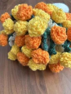 オレンジ×イエロー　バラ花束　ブーケブランケット　円形編み物インテリア