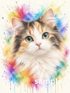 【2Lサイズ】毛長三毛猫 水彩画風 ポストカード