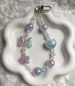ビーズキーホルダー　水色　ブルー　スマホストラップ　ハンドメイド