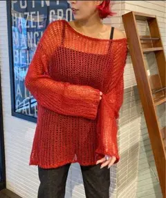 大人気　オーバーサイズ メッシュ編み 赤セーター　オリエンス