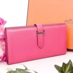 希少オーストリッチHERMESエルメス ベアンスフレ ピンク財布 長財布 折 