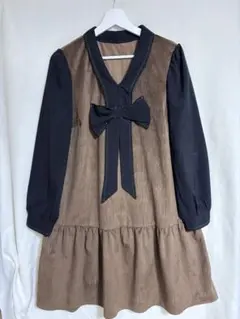 リボン付きブラウンワンピース 1XL