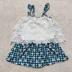 ベビー水着 【90】 花柄 チェック ネイビー 子供服 水着