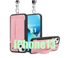 iPhone13 手帳型ケース　ストラップ付き　カード収納　スタンド機　ピンク