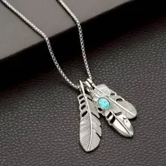メンズ　シルバー　ネックレス　フェザー　ターコイズ　インディアン風　ペンダント