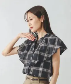 GLOBAL WORK チェックフリルブラウス　ノースリーブ　ブラック　Lサイズ