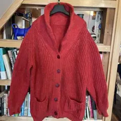 ケーブルニット カーディガン 古着 ヴィンテージ 襟ぐり広め レッド ニット