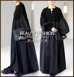 【～3L4L5L6L相当】ぽわん袖×ニット×プリーツAラインロングワンピース*黒