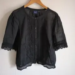 GAP 半袖 ブラウス ブラック レース 刺繍 Lサイズ