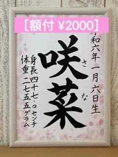 ［額付き手書き命名書］ピンク系　出産祝い　お七夜