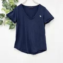 美品✨ アバクロ Tシャツ Vネック 半袖 ネイビー 刺繍ロゴ ピチT y2k