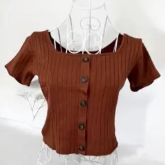 【GRL】スクエアネック フロントボタン リブニット　クロップド丈半袖　茶色
