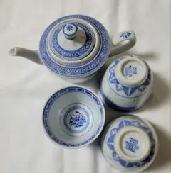 未使用　中国景徳鎮製　ホタル蛍焼　染付龍柄　透かし急須＆湯呑5客　茶器セット