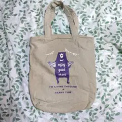 クマと魚柄 トートバッグ ベージュ