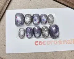 ベリーショート15468♡ホロ埋込み　ブラック＆パープル　マグネットネイル