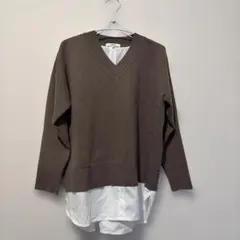 OZOC ブラウン Vネックニット ゆったり　異素材　ドッキング