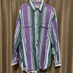 古着　シャツ　SILENZIO 紫緑ストライプシャツ　Lサイズ