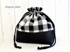 韓国産ヌビ使用♡ギンガムチェック　モノトーン　巾着袋　お弁当袋　ハンドメイド