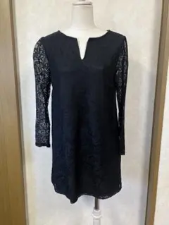 ♢Ottoブラック花柄総レース ワンピース チュニック 7分袖 キーネック