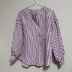 Futier Land ストライプバルーンスリーブバンドカラーシャツブラウス