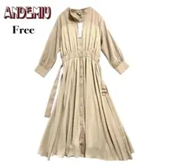 新品 タグ付 Andemiu ベージュ ロングワンピ F ベルト 長袖 上品 冬