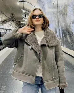 ZARA B-3 ライダース フェイクムートン ボア仕様 グレージュ S 美品