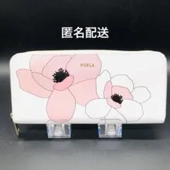 FURLA フルラ 長財布 ラウンドファスナー レザー 花柄 ホワイト ピンク