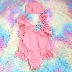 【新品】ピンク フリル ワンピース水着 120 帽子 キッズ 水着 海