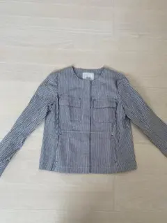 Leilian ストライプ ネイビー ノーカラージャケット 9 ar0482