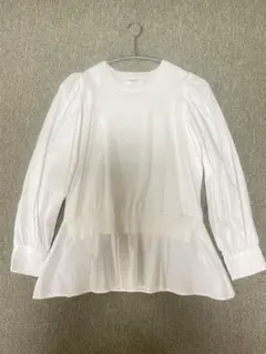 オペークドットクリップ　ドッキング ペプラムブラウス ボリューム袖 白 38