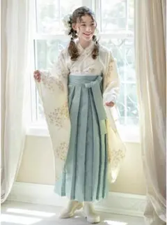 CC送料込み 袴セットアイボリー着物×ミント袴[C]150㎝【M4138】