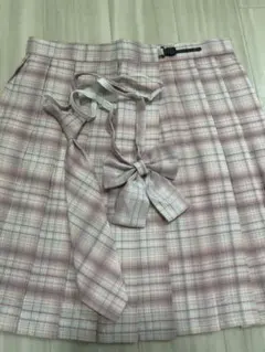 ピンク系チェック プリーツスカート リボンとネクタイ付き