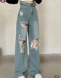 ダメージ加工 ライトブルーデニム ワイドレッグ