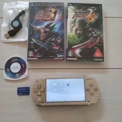 超美品★psp本体★ゴールド★純正バッテリー、ゲーム３つ、メモリー、新品充電器付
