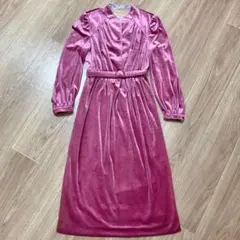 ベロア　ベルベット　ピンク　ロングワンピース　ヴィンテージ　立襟　ベルト付