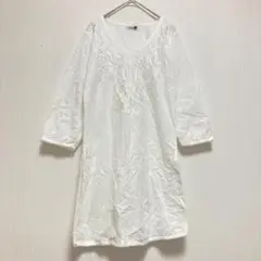 刺繍入りチュニック ブラウス 七分袖 ホワイトレディース S コットン100％