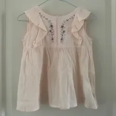 美品✨組曲✨ピンクフラワー花柄刺繍ノースリーブ肩フリルチュニックブラウス100