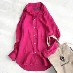 現行【ラルフローレン】リネンシャツ　ポニーロゴ　ゆったり　羽織り　QR ピンク