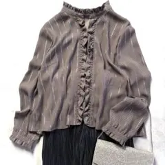 極美品 Leilian レリアン ストライプフリルネックブラウス 洗える 17＋ 