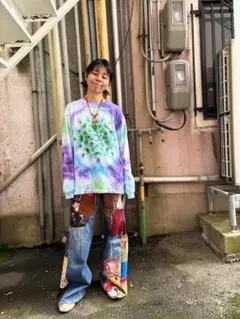 タイダイ 長袖 Tシャツ L 曼荼羅 パープル×グリーン×ホワイトHD25-32