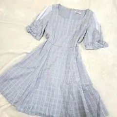 【美品】アンクルージュ ギンガムチェック柄 半袖ワンピース　フレア　リボン
