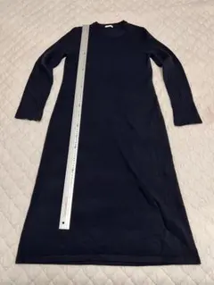 ネイビー 長袖 ひざ丈ワンピース