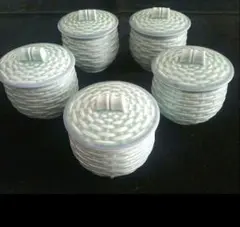 美濃焼 青磁の籠目模様 蓋付き器 5個セット+ 蓋1つ