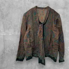 レディース 薄手 ボウタイ シャツ ブラウス リボン 総柄 ミセス 婦人 レトロ