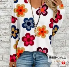 大きいサイズ 5L 花柄 Vネック 長袖トップス