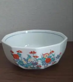 八角形 花と鳥の絵柄 陶器ボ3ウル