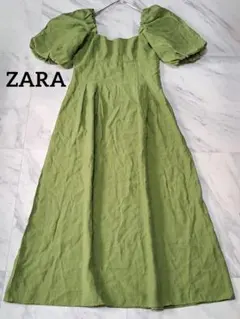 ZARA スクエアネック パフスリーブ ワンピース グリーン M A020