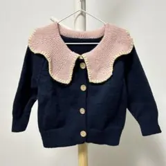 新品　90 ニット　カーディガン　襟付き　配色　フリル　厚手　お呼ばれ　高見え