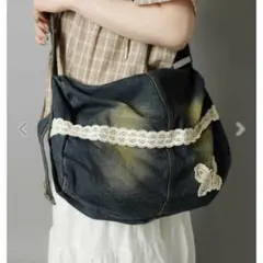 スピンズ　デニムショルダーバッグ　レースバタフラ　NEO森ガール